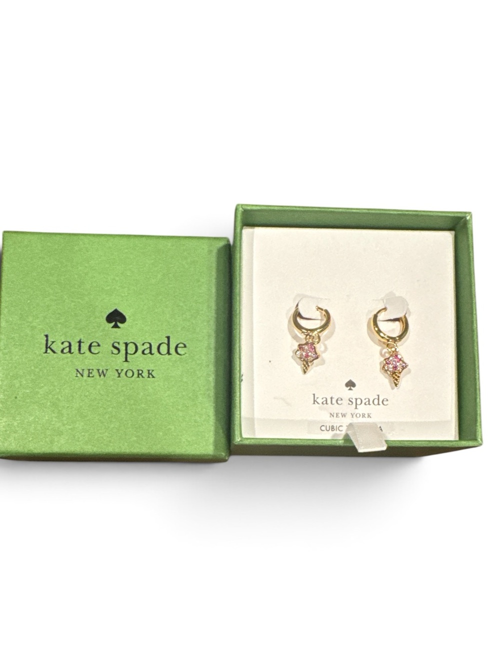 kate spade Gold Hoop Earrings with Pink Crystal Ice Cream NIB
